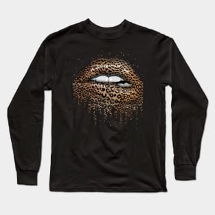 s Cool Lips Bite Kiss Me Leopard Print Cheetah Long Sleeve T-Shirt